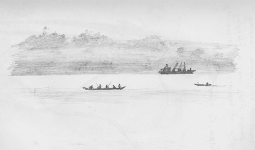 A travel drawing in Brazil of boats on the Amazon River.