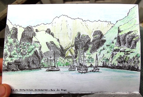 Drawing of Fatu Hiva's Virgin Bay in the Marquise of French Polynesia