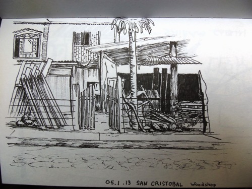 Travel drawing of a woodshop in the Galapagos