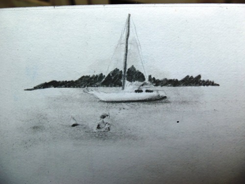 A drawing of a sailboat in Moorea, French Polynesia.