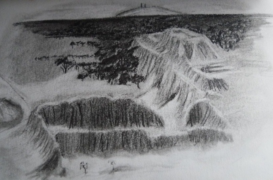 A drawing of the Tucume ruins in Peru.