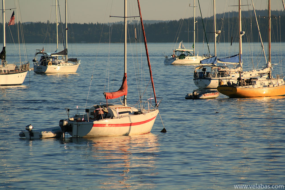 Wooden boats at anchor in the bay