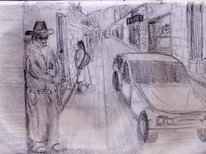 A travel sketch of a man on the street begging for change in San Cristobal de las Casa, Mexico.