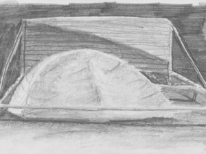 Drawing of tent in back of truck in Braizl