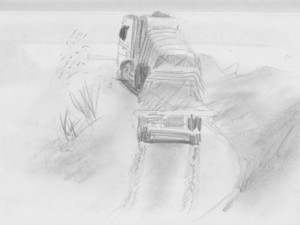 Travel drawing of Transamazon Highway truck in Brazil.