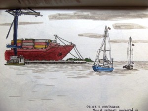 Travel sketch of boats in Cartagena Bay