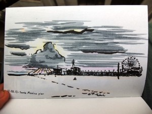 A drawing of Venice Beach at dusk