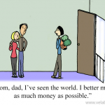 A backpacker returns home in this cartoon to his parents
