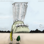 This is a banana and avocado facing down a blender in a cartoon